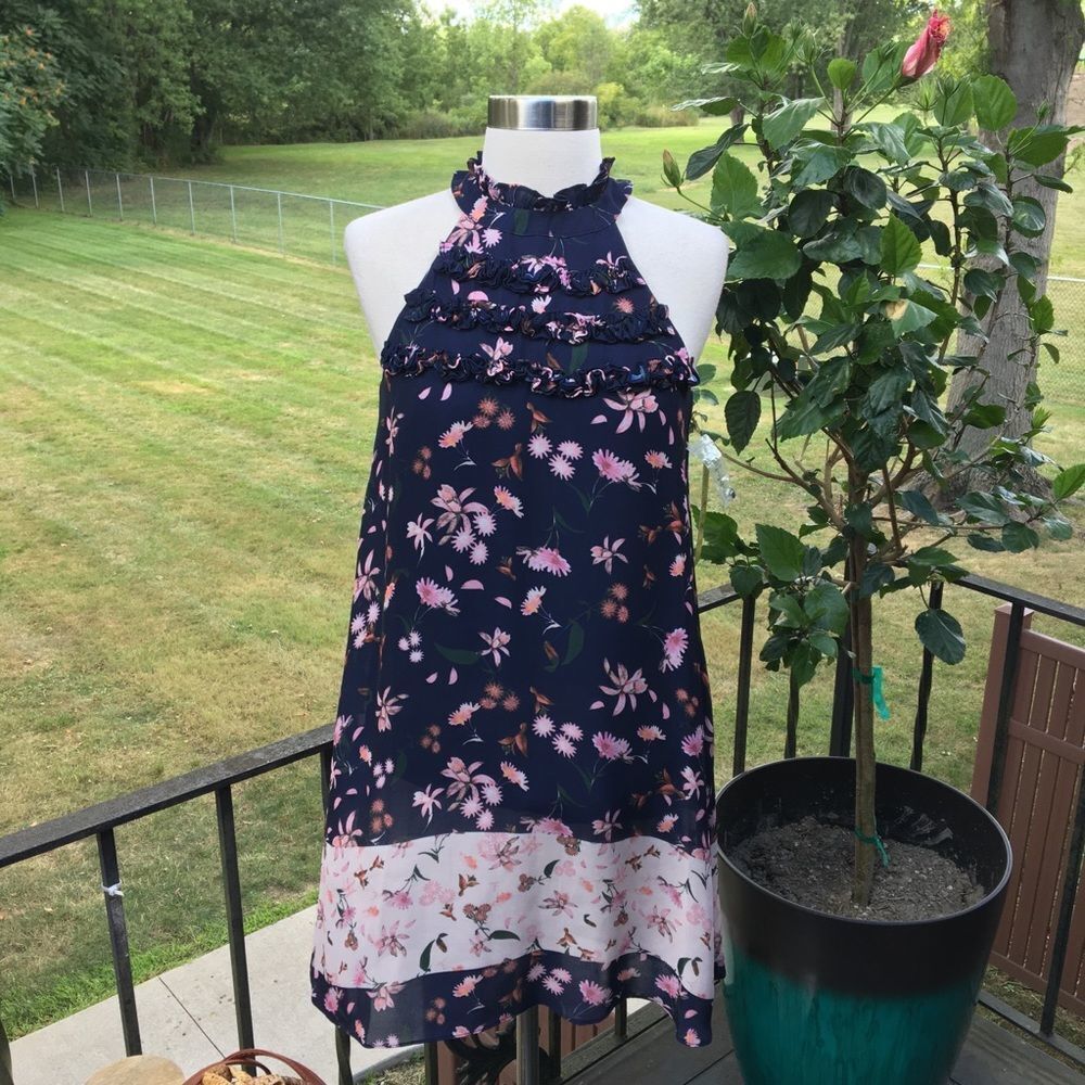Gianni Bini Chloe Navy Blue & Pink Floral Ruffle Mini Dress XS NWT